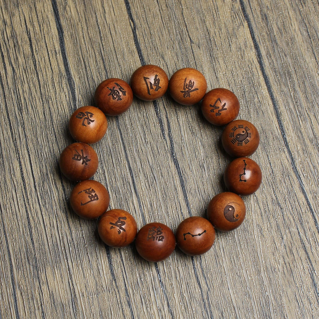 Aged Talisman Inscription Wood Bracelet | 13 Beads Thunderstruck Dark Multi Symbol Taoist Protection Jewelry