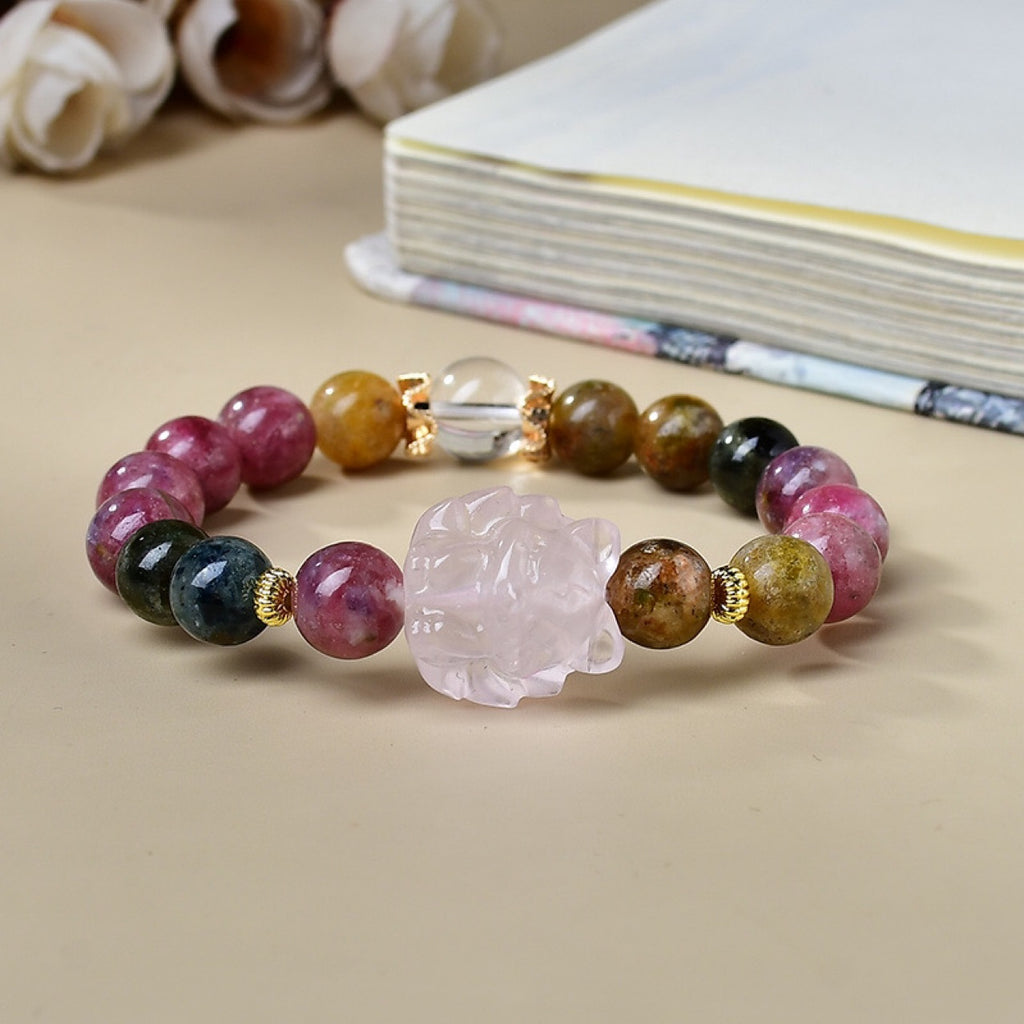 Tourmaline Rose Quartz Bracelet | Rainbow Charm Attraction Fox Pendant Crystal Jewelry